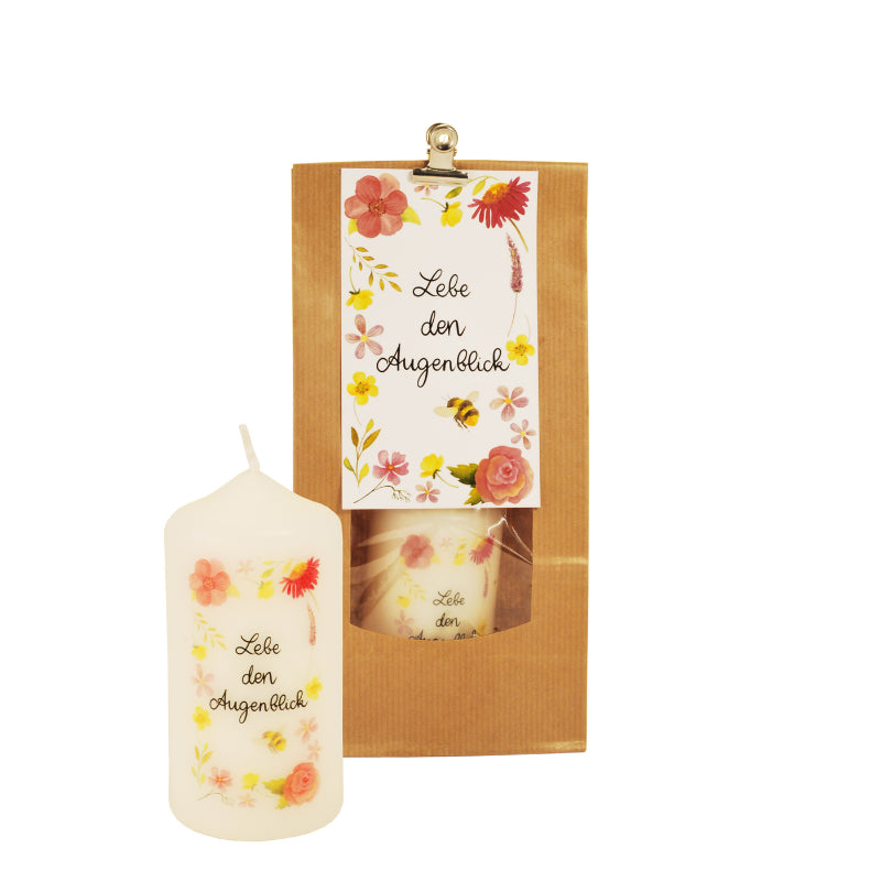 Kerze in Tüte "Lebe den Augenblick" mit Blumenkarte