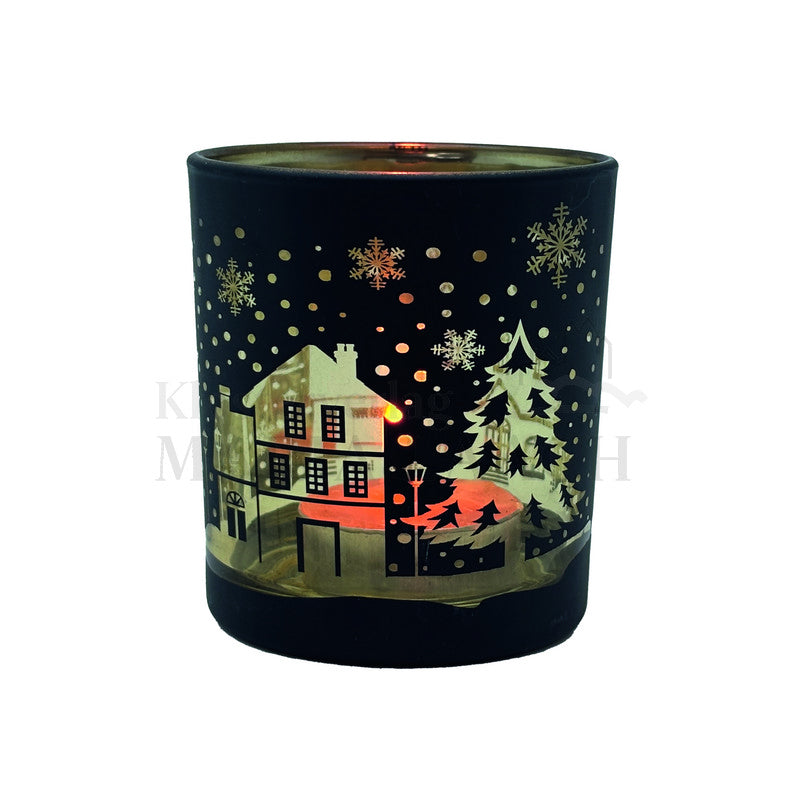 Glas-Windlicht Weihnachtsdorf schwarz inkl. Teelicht