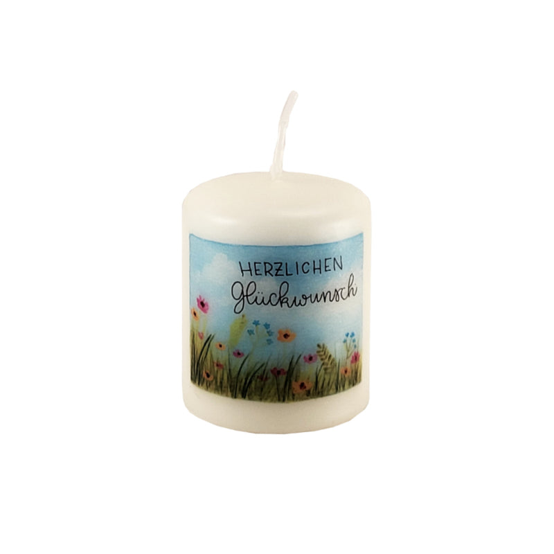 Minikerze "Herzlichen Glückwunsch" mit Blumenmotiv