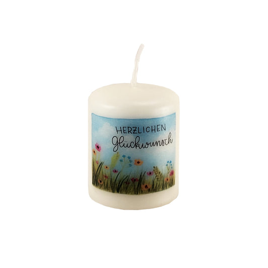 Minikerze "Herzlichen Glückwunsch" mit Blumenmotiv