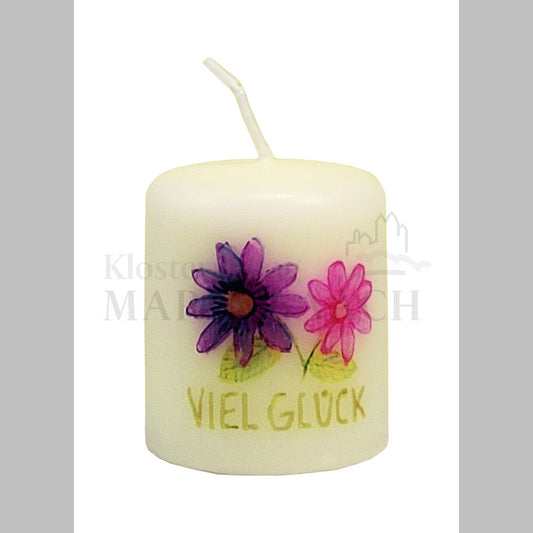 Minikerze "Viel Glück" mit Blumenmotiv