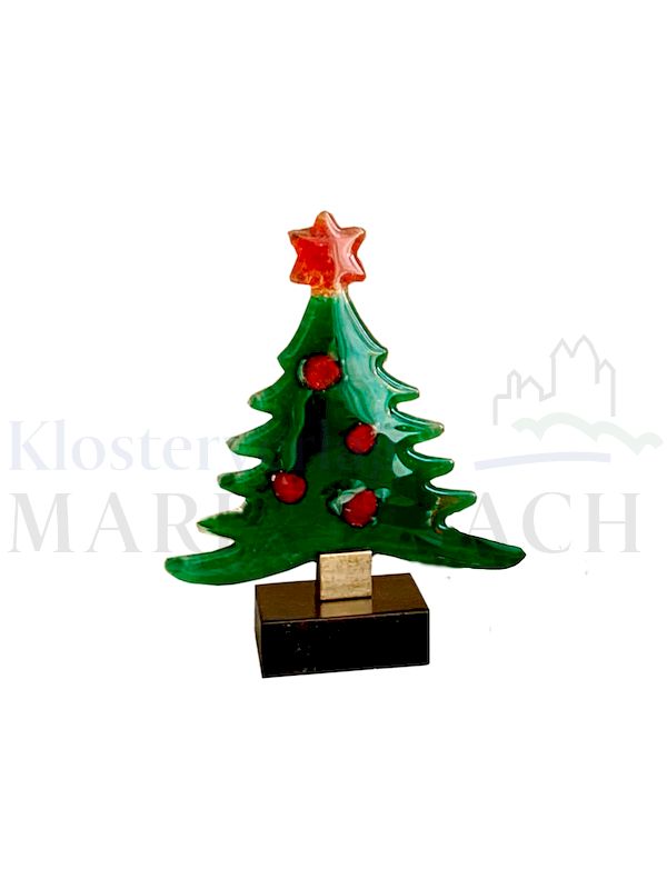 Foto: Baum grün mit roten Kugeln, mit Holzfuß, ca. 13,5 cm hoch