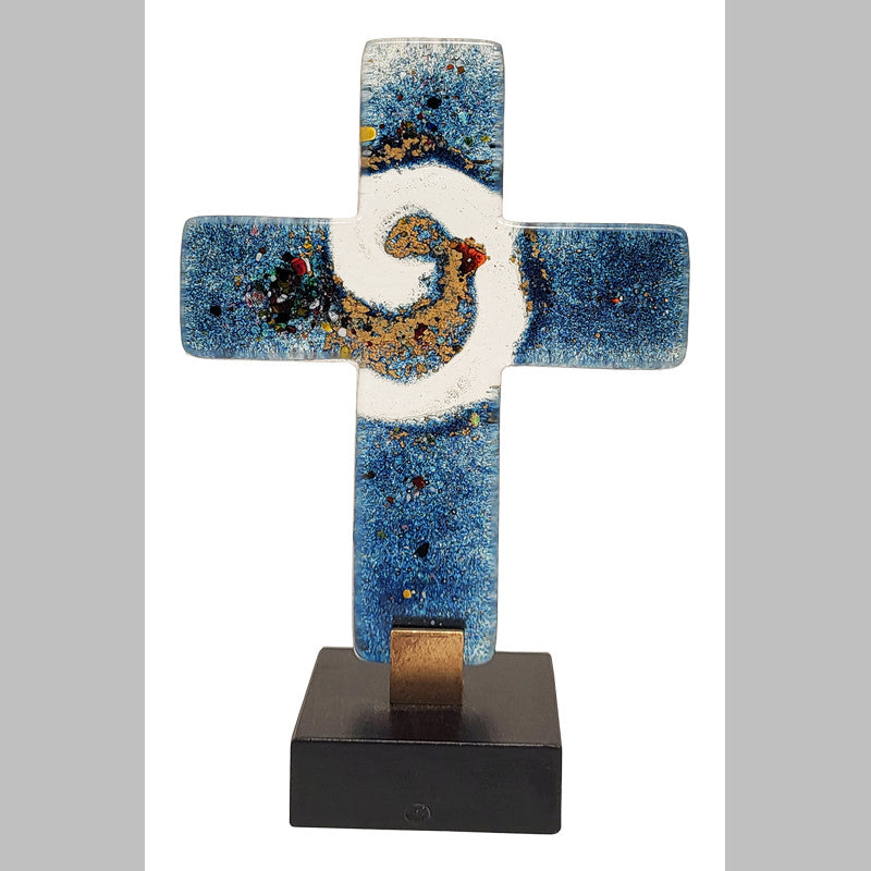 Glaskreuz auf Holzsockel " Blau "