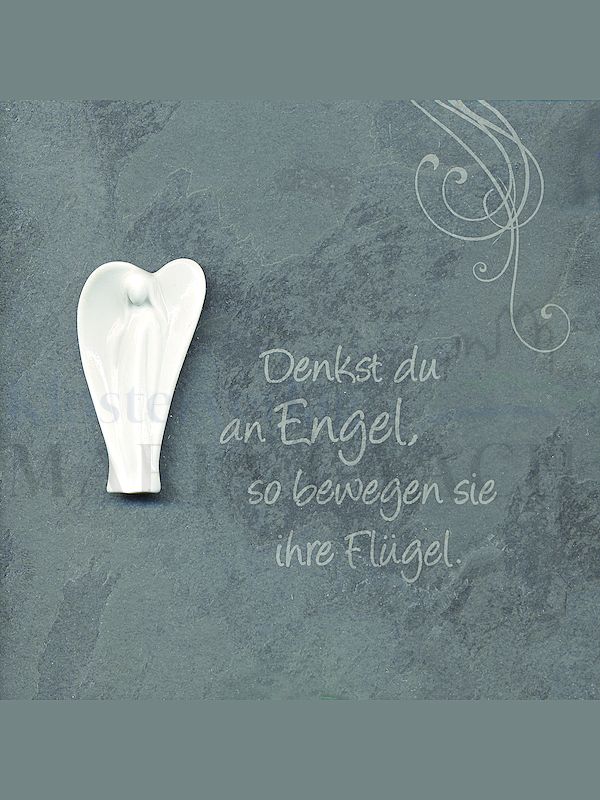 Foto: Denkst du an Engel ..., Porzellan-Engel auf Schiefer, 14,5 x 14,5 cm, in roter Geschenkschachtel