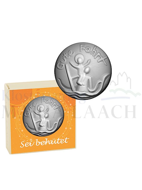 Foto: Plakette Christophorus Gute Fahrt, Ø 3,5 cm, in Geschenkschachtel