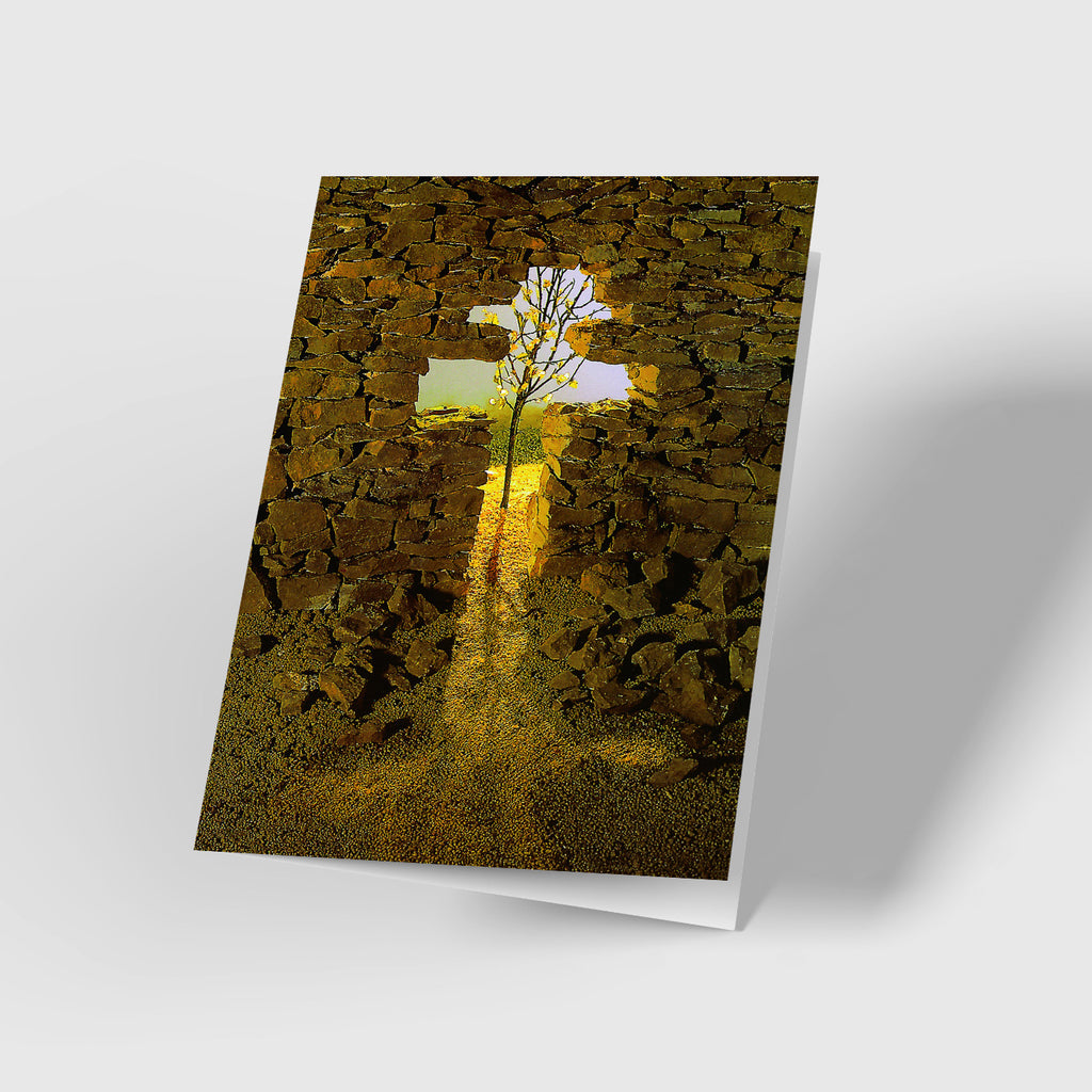 Kondolenzkarte - Steinmauer - Kreuz - Baum