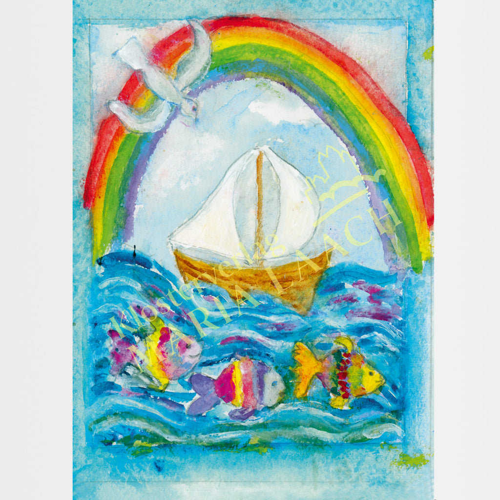 Grußkarte zur Taufe „Regenbogen / Schiff"