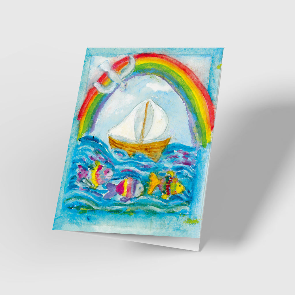 Grußkarte zur Taufe „Regenbogen / Schiff"