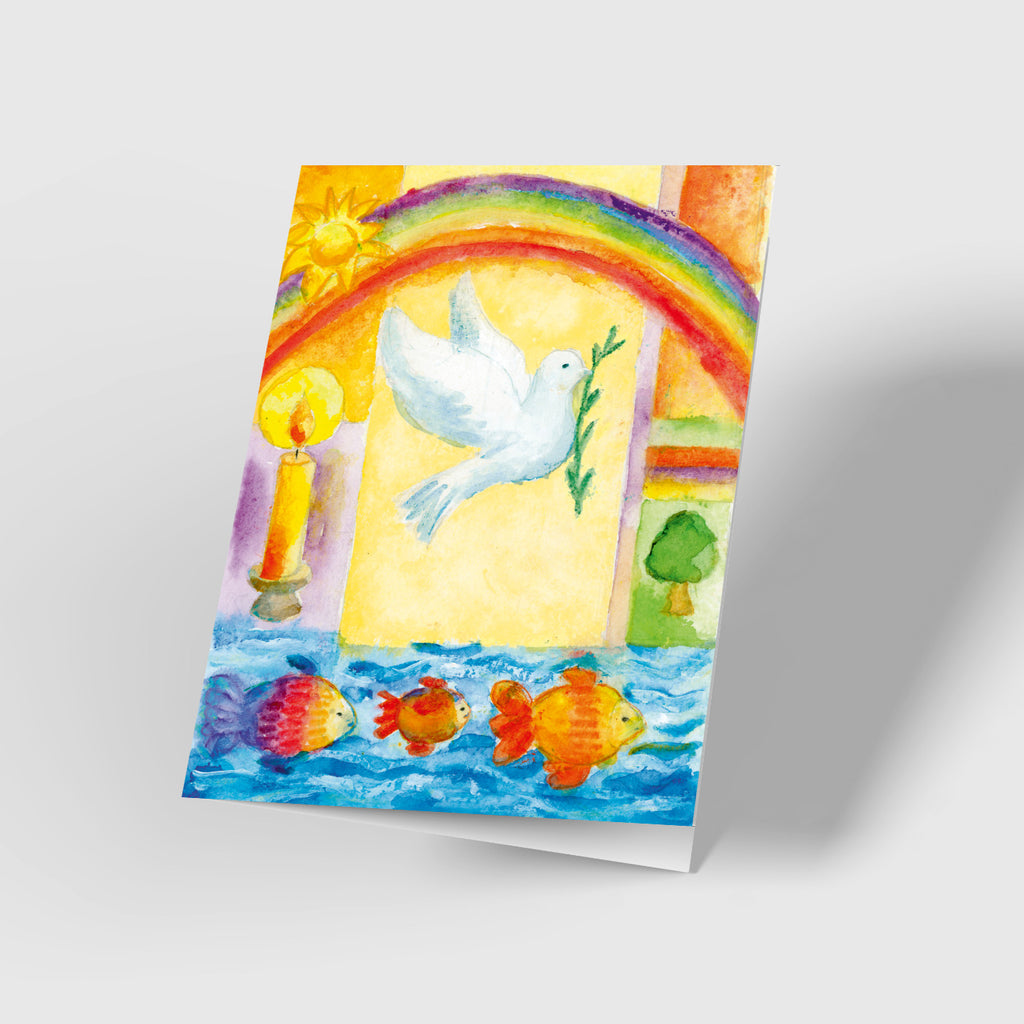 Grußkarte zur Taufe „Regenbogen / Taube"